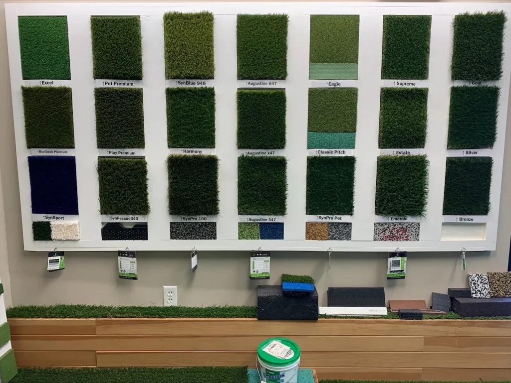 Samples of our artificial grass offerings in our showroom