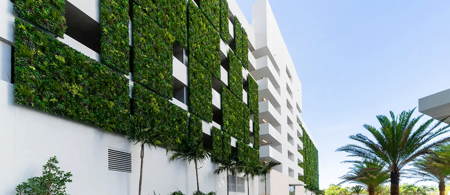 building covered in artificial living walls