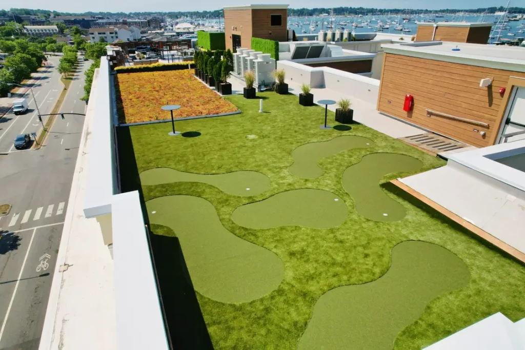 Rooftop artificial grass putting green from New England Turf Store