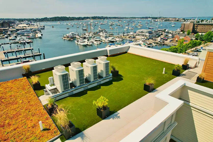 Rooftop artificial grass lawn installation from New England Turf Store